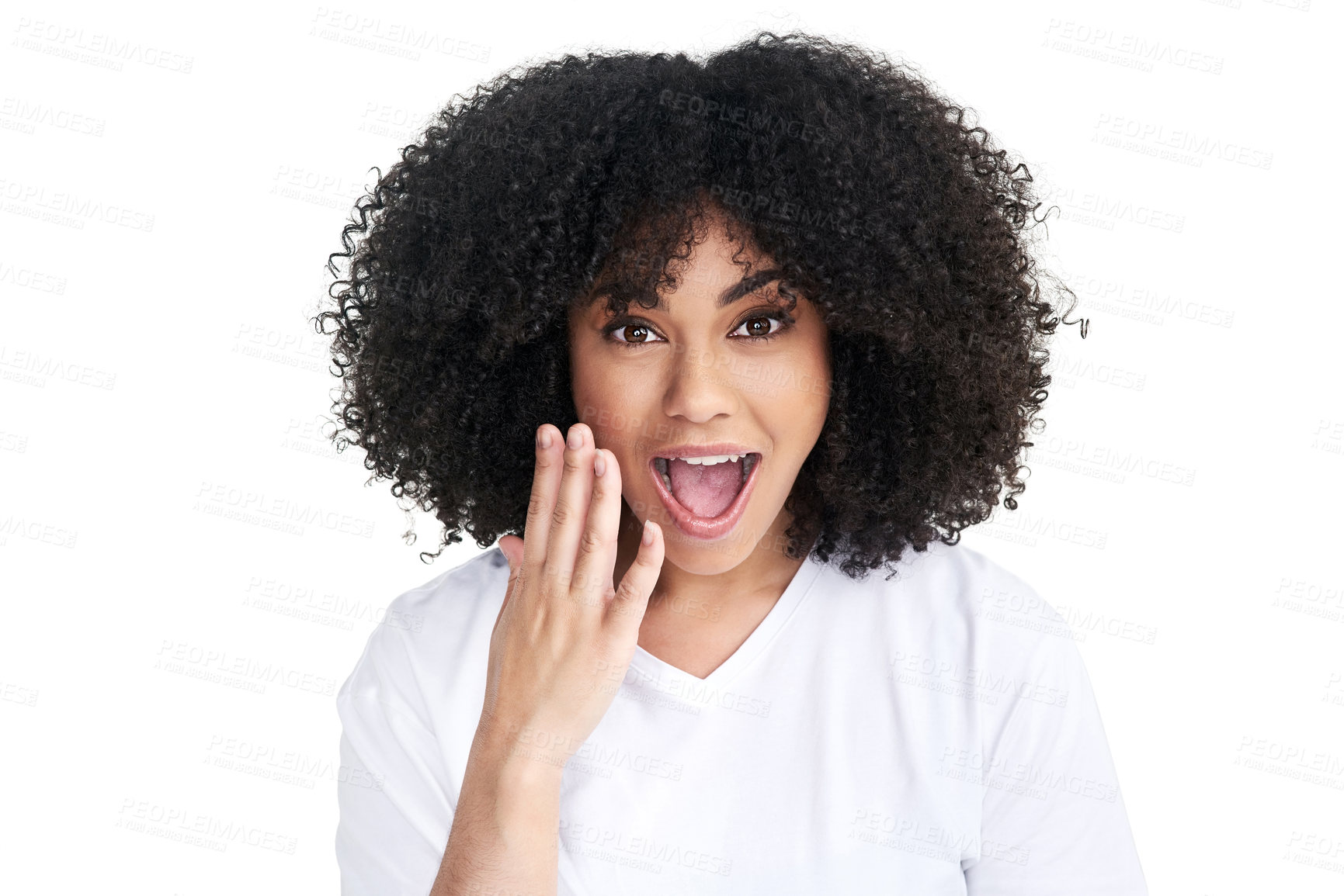 Buy stock photo Shock, portrait and woman in studio with discount, announcement or excitement at good news. Surprise, mockup space and female person on white background with sale, wow and amaze at bonus promotion.