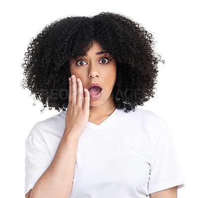 Buy stock photo Studio shot of an attractive young woman looking shocked against a white background