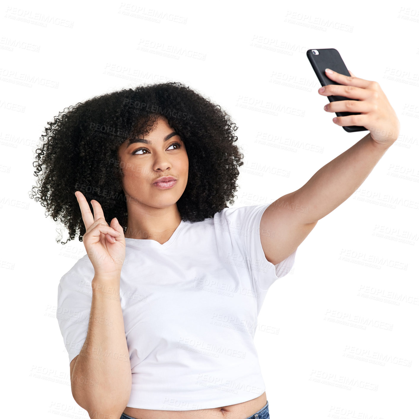 Buy stock photo Happy, selfie and woman in studio with peace sign for social media, online post and profile picture. Confident, photo and girl with emoji for memory, internet and smile for app on white background