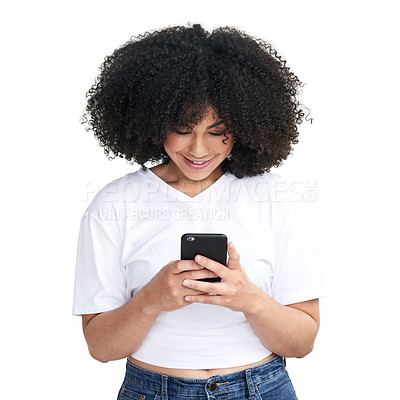 Buy stock photo Studio shot of an attractive young woman using a smartphone against a white background