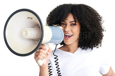Buy stock photo Studio shot of an attractive young woman using a megaphone against a white background