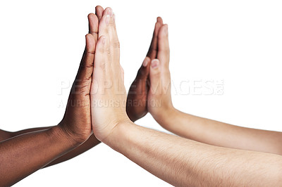 Buy stock photo Cropped studio shot of two women touching each other’s hands against a white background