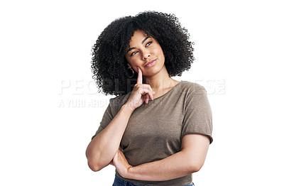 Buy stock photo Studio shot of an attractive young woman looking thoughtful against a white background