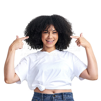 Buy stock photo Studio shot of an attractive young woman pointing at herself against a white background