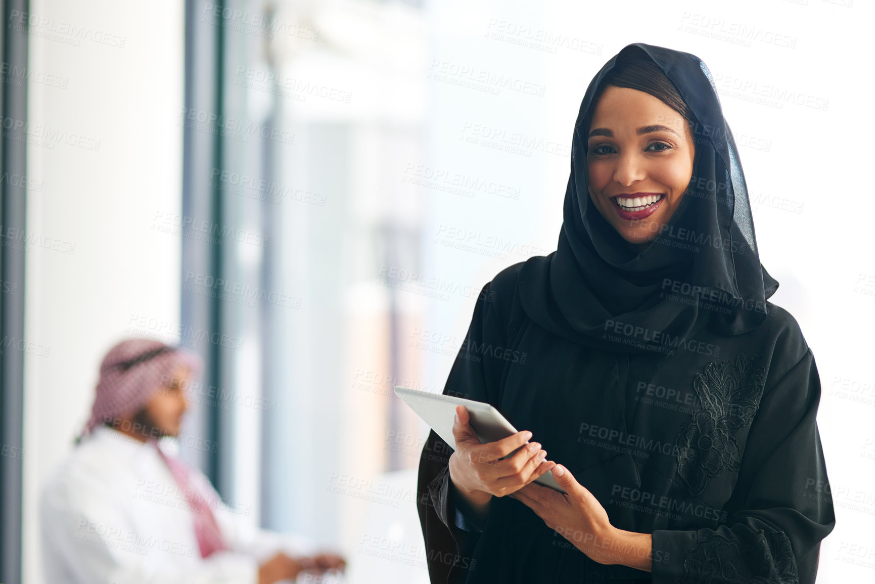 Buy stock photo Portrait, business people and Muslim woman with tablet, accountant and connection with career ambition. Face, man and Islamic person with tech, financial advisor or digital app with internet or smile