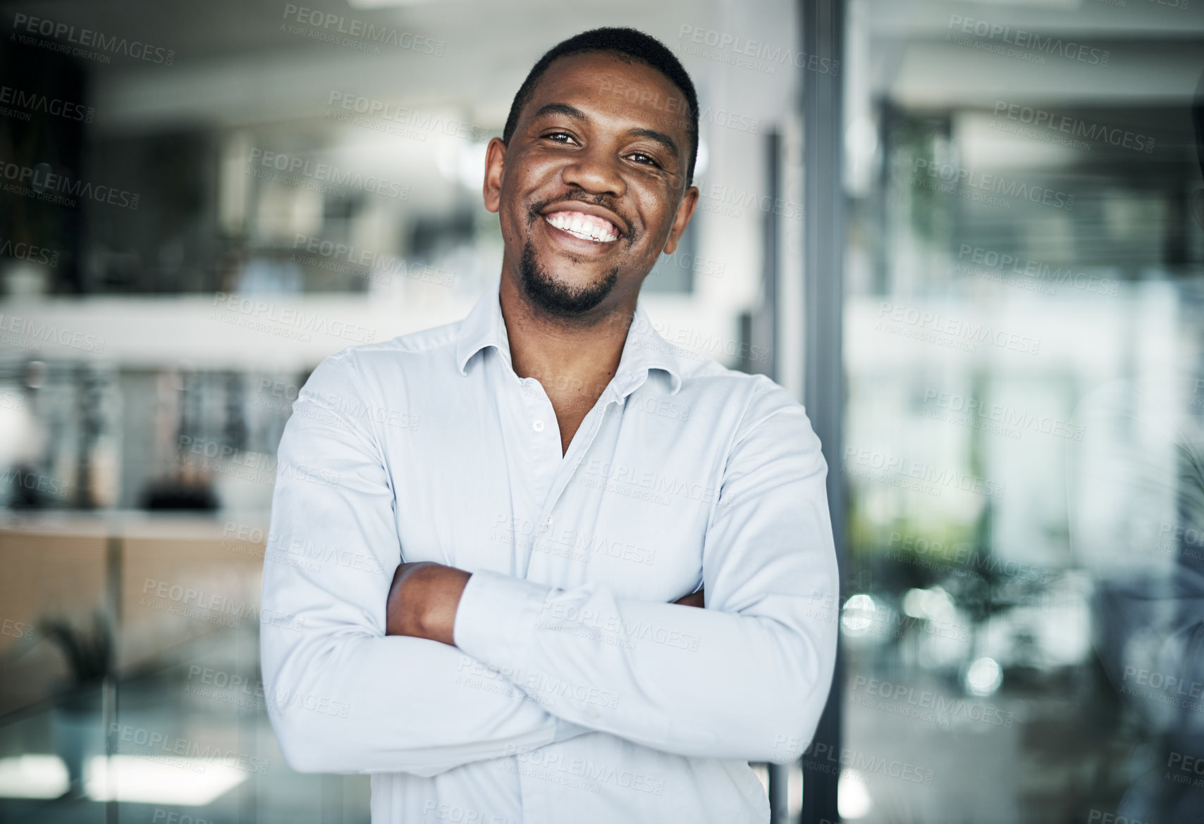 Buy stock photo Office, portrait and black man with arms crossed for professional career, job goals and pride. Happy, business person or attorney with confidence for corporate case, project and smile in law firm