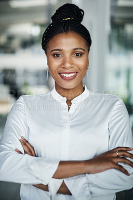 Buy stock photo Office, portrait and black woman with confidence for professional career, job goals and pride. Workplace, employee or attorney with arms crossed for corporate, business project or smile in law firm