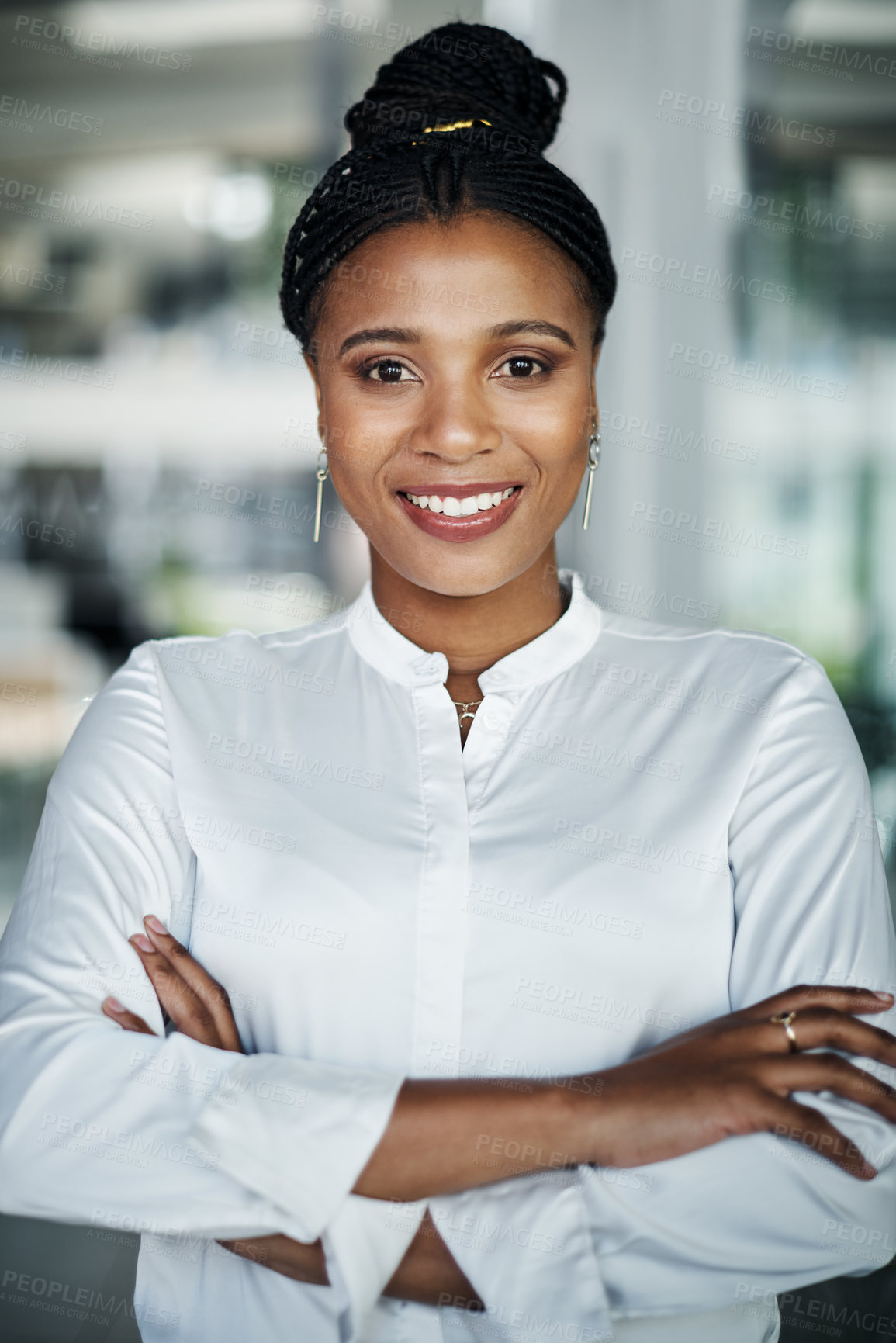 Buy stock photo Office, portrait and black woman with confidence for professional career, job goals and pride. Workplace, employee or attorney with arms crossed for corporate, business project or smile in law firm