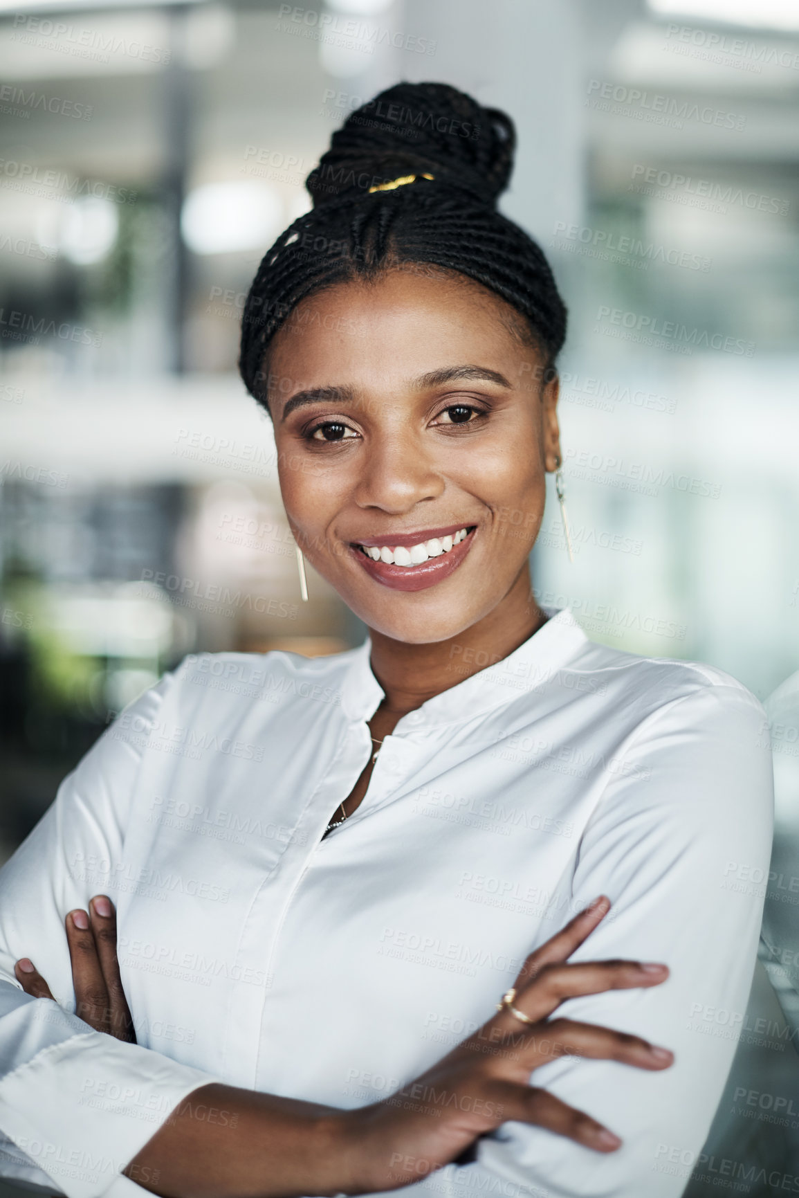 Buy stock photo Office, portrait and business woman with arms crossed for professional career, job goals and pride. Workplace, black person or attorney with confidence for corporate, project and smile in law firm