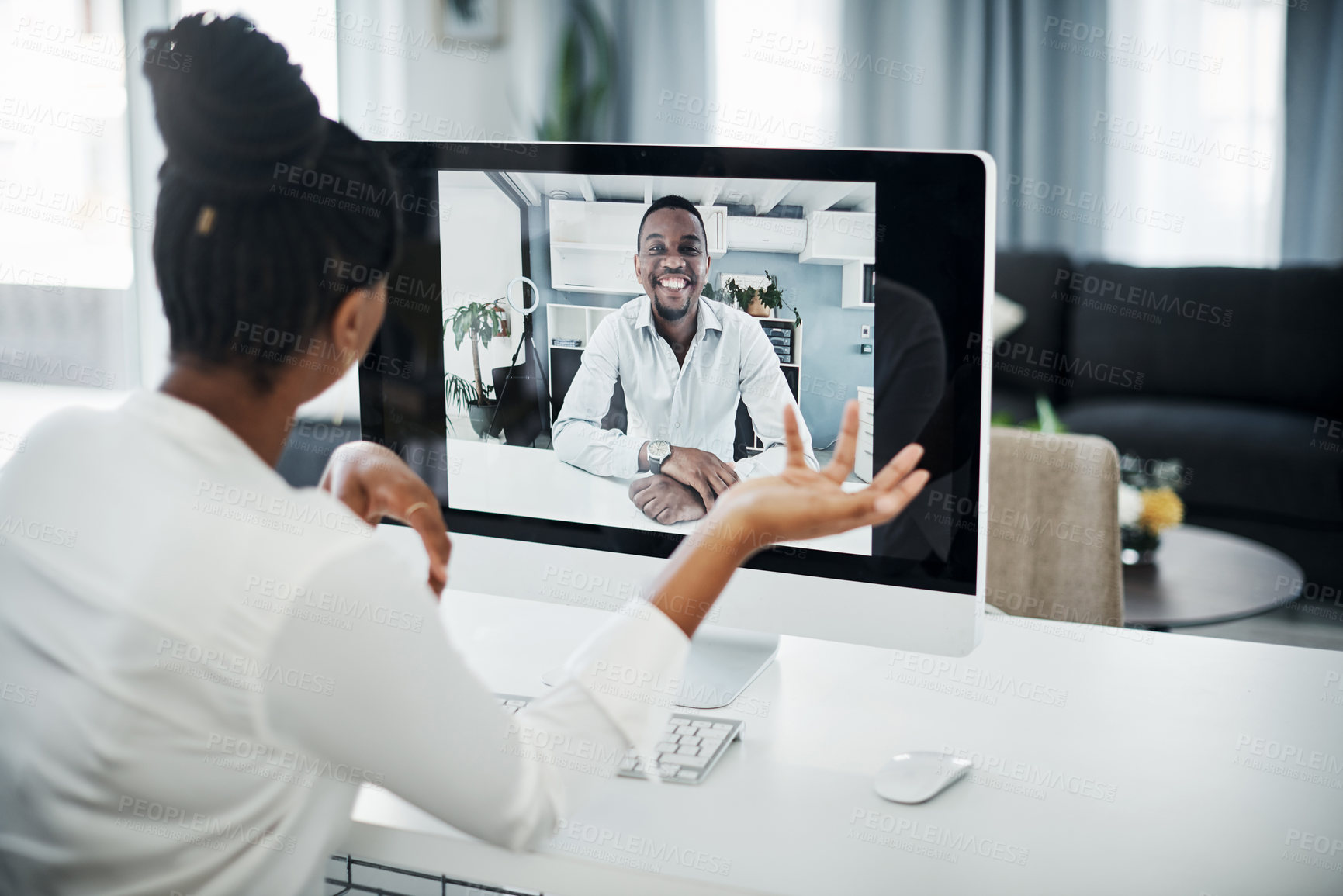 Buy stock photo Businesswoman, computer screen and virtual meeting with employee in home for video call, remote work or online job interview. HR, businessman and tech for webinar, digital training and communication