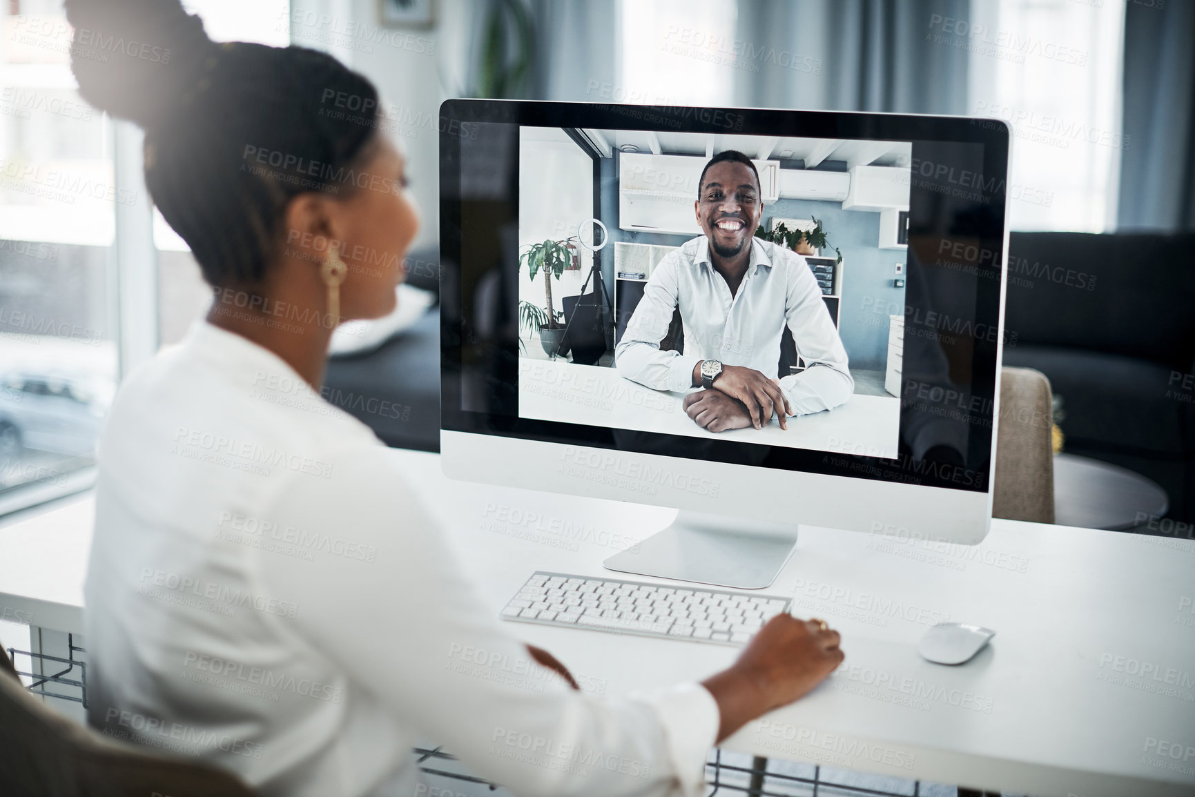 Buy stock photo Businesswoman, computer screen and virtual meeting with worker in home for video call, remote work or online job interview. HR, businessman and technology for webinar, digital training and discussion