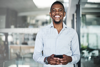 Buy stock photo Black man, phone and portrait in office for communication, investment and business email with smile. Human resources, technology and happy for recruitment, social networking and talent acquisition