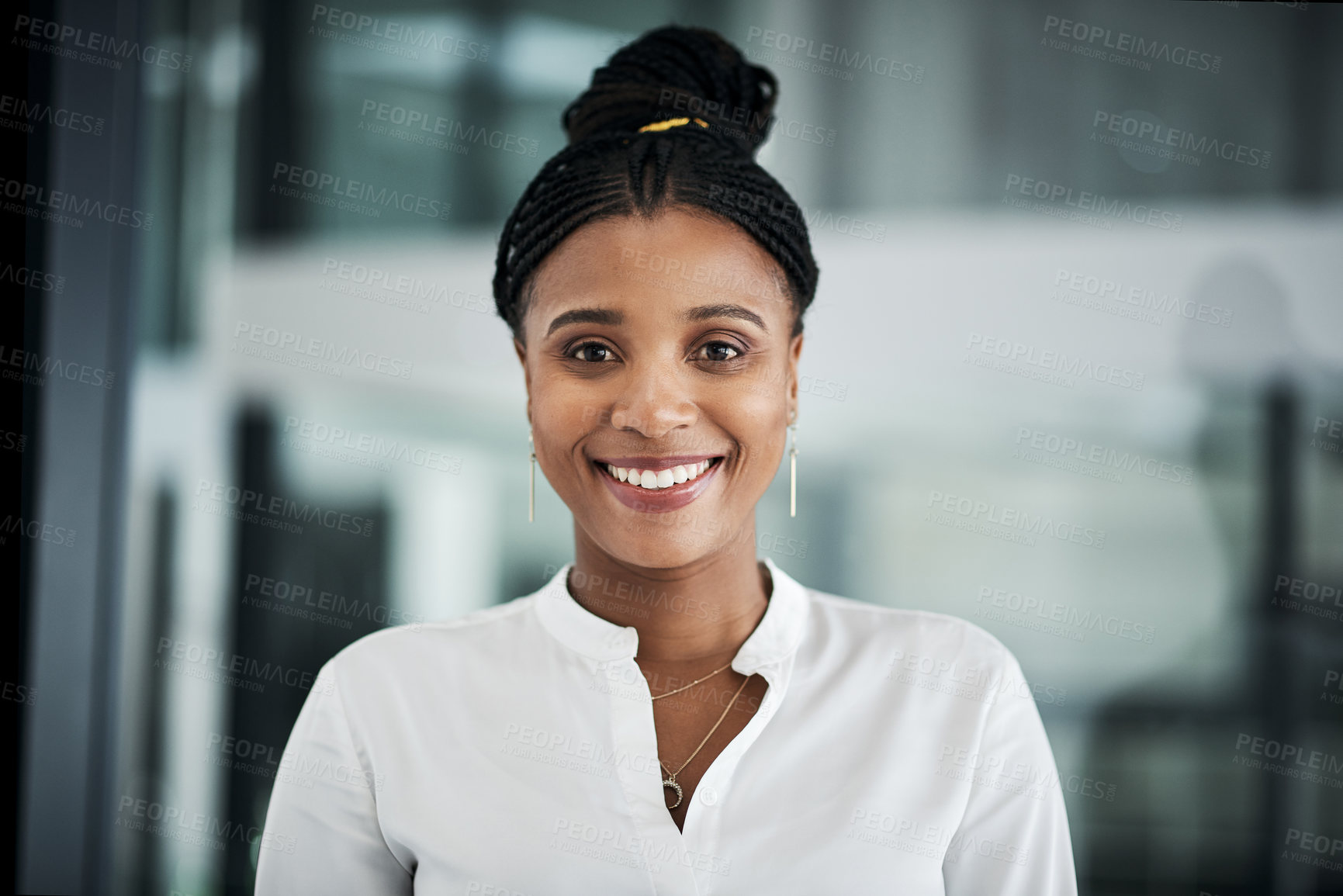 Buy stock photo Business, black woman and portrait with smile in office for finance job, ambition or career in banking. Investment banker, happy and face with confidence at work for corporate, financial and advisory