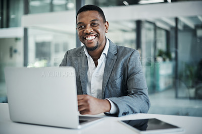 Buy stock photo Portrait, business and black man at desk, laptop and entrepreneur with smile, internet and network. African person, face and consultant with computer, happiness and connection with confidence and pc