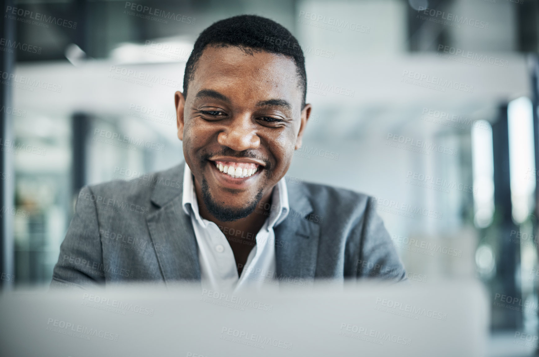 Buy stock photo Businessman, laptop and happy on video call in office for virtual meeting, online training and web conference. African professional, person and smile at workplace with webinar and digital workshop