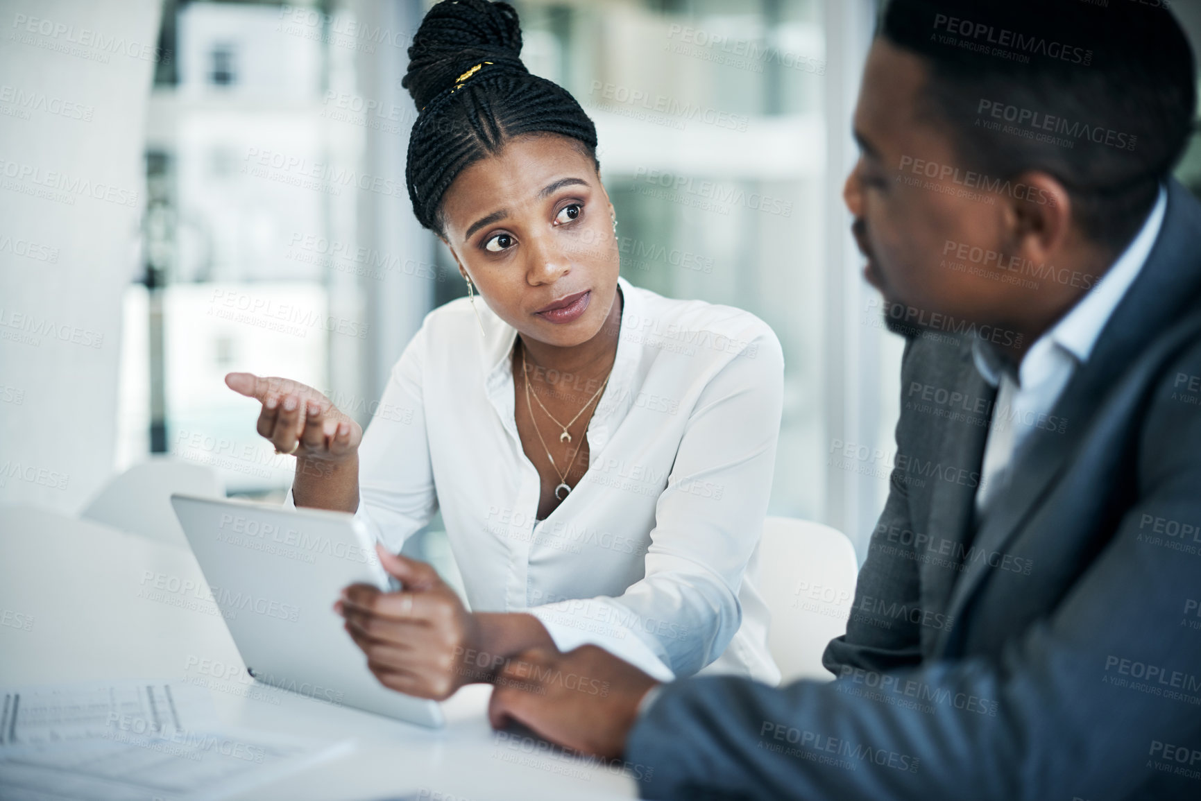 Buy stock photo Planning, tablet and business people in meeting, teamwork and internet with connection. Employees, black man and woman with tech for research, communication and digital app with project or discussion