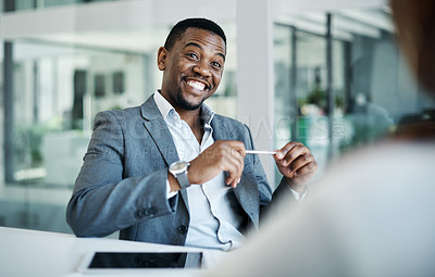 Buy stock photo Happy, office and business black man in meeting with client for b2b networking, planning and partnership. Corporate attorney, company and lawyer in discussion, talking and consulting for contract