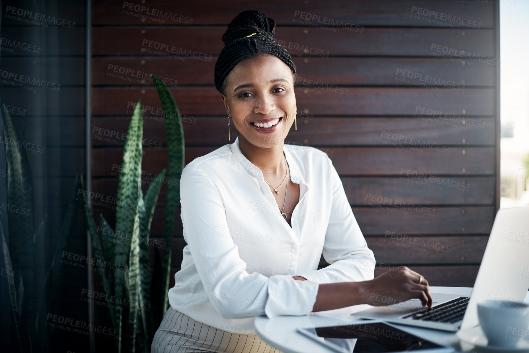 Buy stock photo Black woman, laptop and portrait in office for business research, networking and communication by email. Realtor, happy and technology in workplace for real estate, property search or investment plan