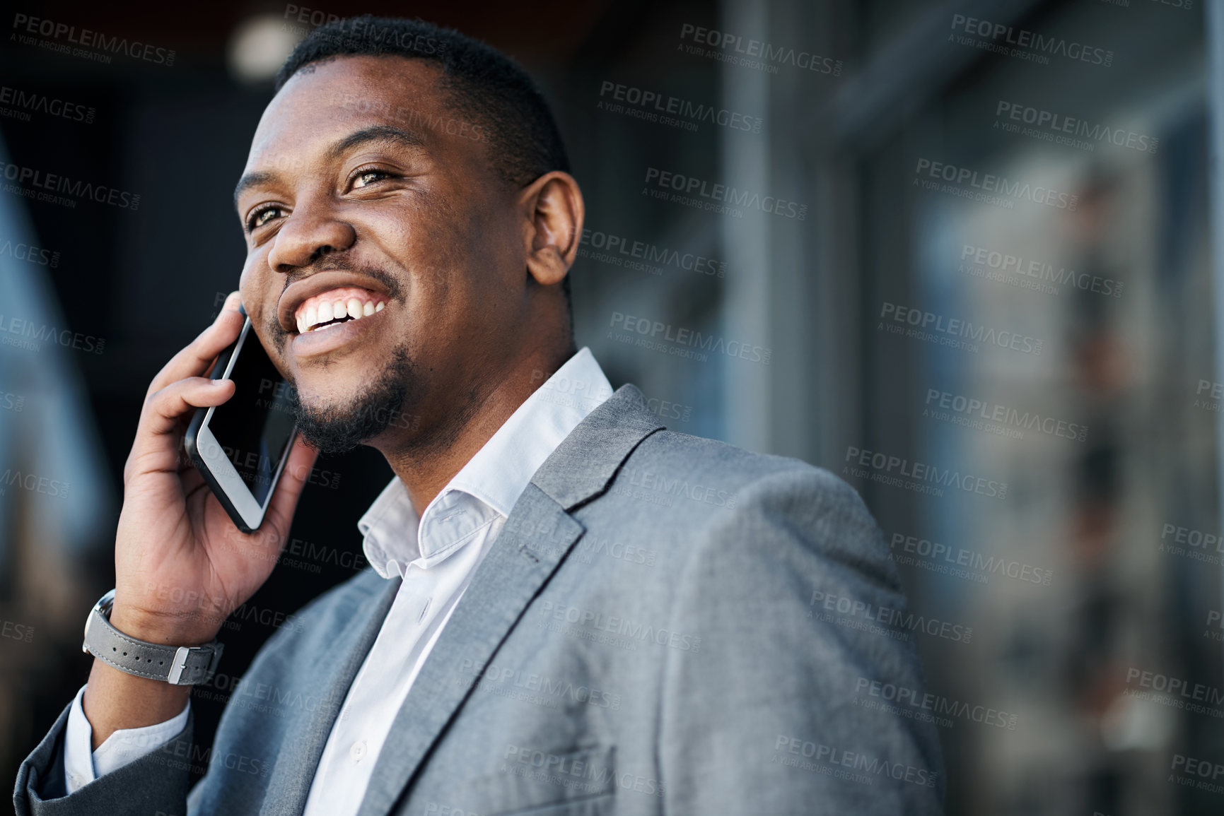 Buy stock photo Black man, phone call and city for talking to client, business contact and negotiation on deal. Male person, speaking and communication app in urban town, thinking and listening to plan for agenda