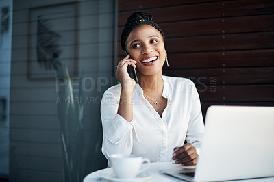 Buy stock photo Black woman, phone call and laptop for chat in office, digital notes and calendar app for schedule. Female person, talking and contact business client for negotiation on deal, online and discuss