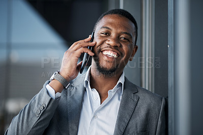 Buy stock photo Black man, phone call and portrait for talking to client, business contact and negotiation on deal. Male person, speaking and communication app in urban town, city and listening to plan for agenda