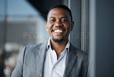 Buy stock photo Black man, portrait and happy in office for professional career, confidence and business opportunity. Human resources, face and manager with smile for recruitment, development and talent acquisition