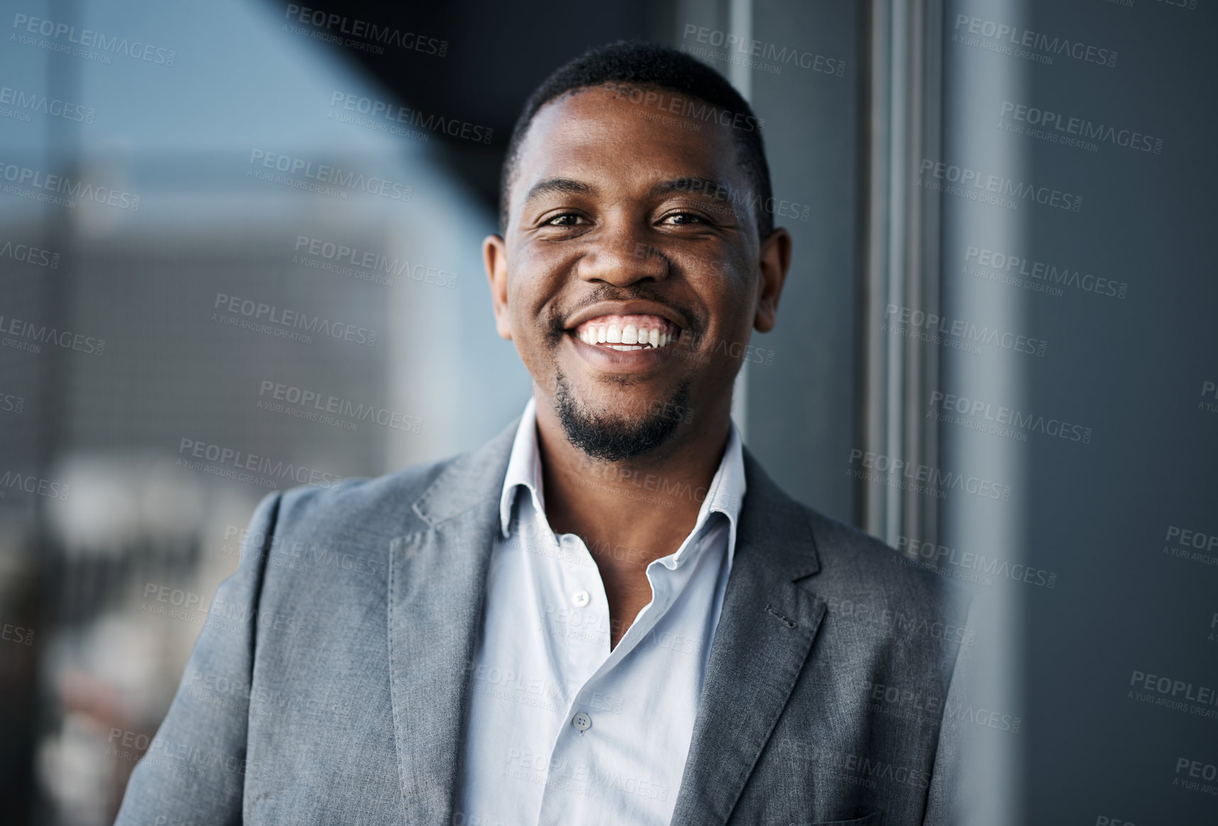 Buy stock photo Black man, portrait and happy in office for professional career, confidence and business opportunity. Human resources, face and manager with smile for recruitment, development and talent acquisition