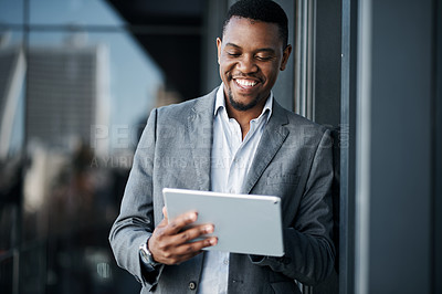 Buy stock photo Black man, tablet and happy in office for professional career, good news and business opportunity. Human resources, technology and manager with smile for recruitment, networking or talent acquisition