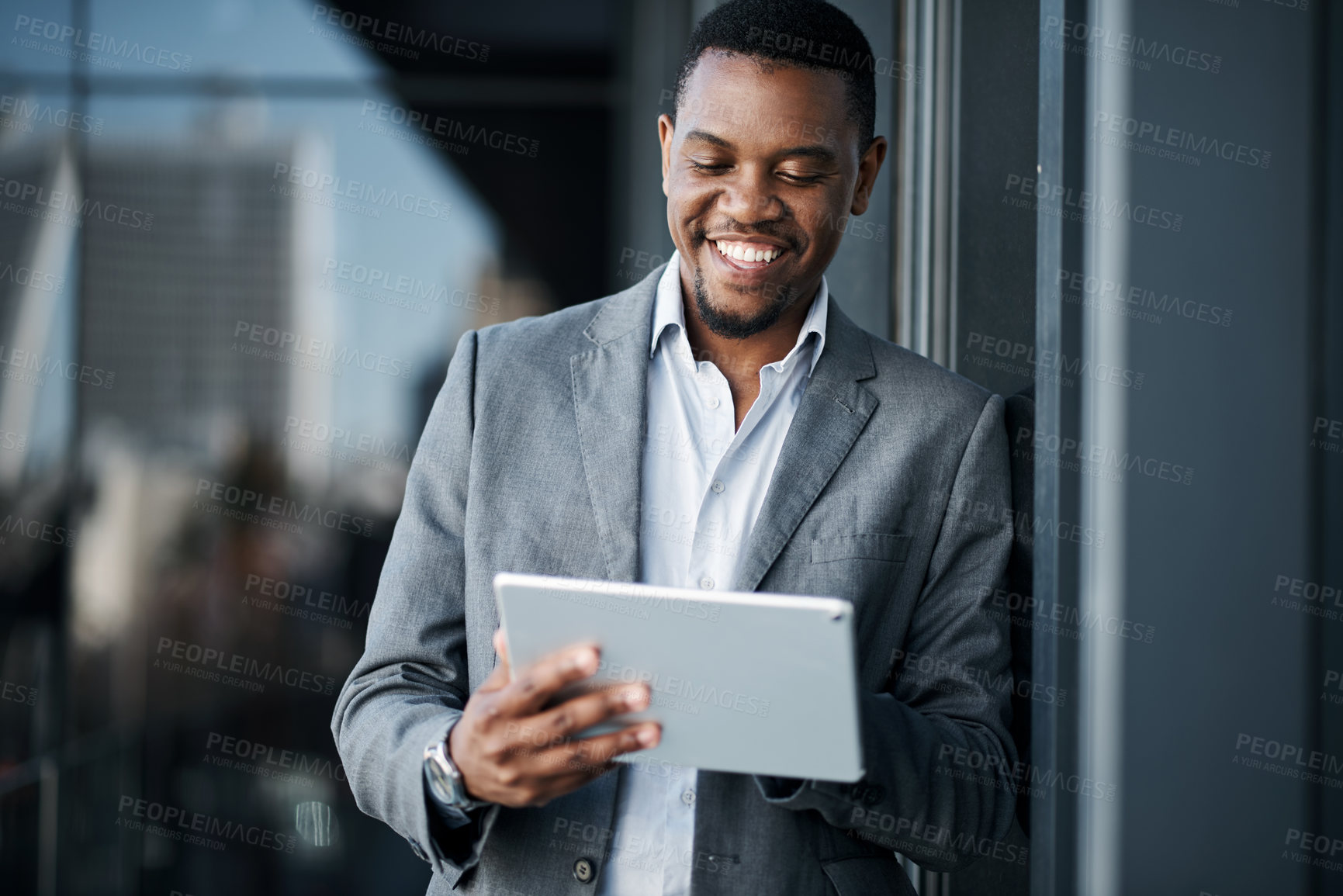 Buy stock photo Black man, tablet and happy in office for professional career, good news and business opportunity. Human resources, technology and manager with smile for recruitment, networking or talent acquisition