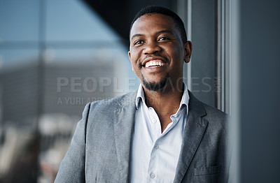 Buy stock photo Black man, smile and happy in office for professional career, good news and business opportunity. Human resources, face and manager with ambition for recruitment, networking and talent acquisition