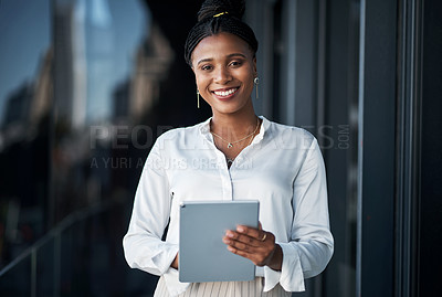 Buy stock photo Office, portrait and businesswoman on balcony with tablet, research and connection for online access. Rooftop, black person or web designer with digital for app development, visual design and pride