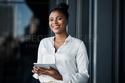 Buy stock photo Office, thinking and businesswoman on balcony with tablet, research and connection for online access. Rooftop, black person or web designer with digital for app development, visual design or solution