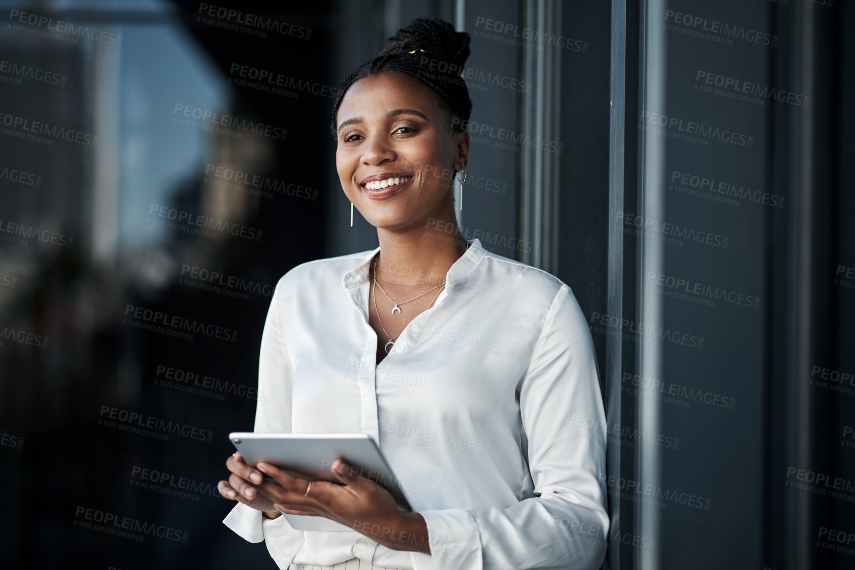 Buy stock photo Office, thinking and businesswoman on balcony with tablet, research and connection for online access. Rooftop, black person or web designer with digital for app development, visual design or solution