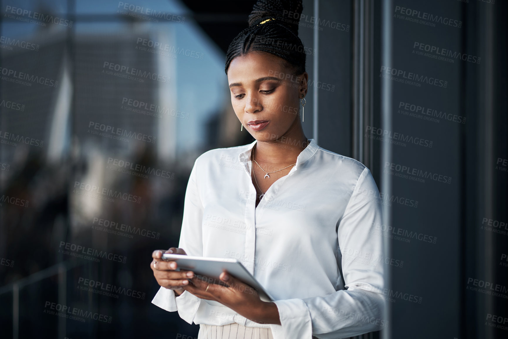 Buy stock photo Office, reading and businesswoman on balcony with tablet, research and connection for online access. Rooftop, black person or web designer with digital for app development, visual design and solution