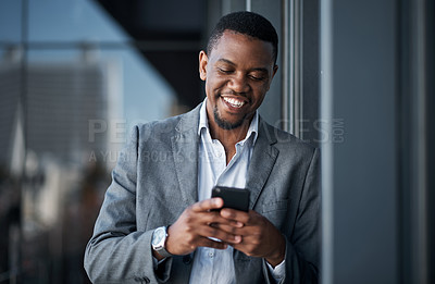 Buy stock photo Black man, phone and happy in office for professional career, good news and business opportunity. Human resources, mobile and manager with smile for recruitment, networking and talent acquisition