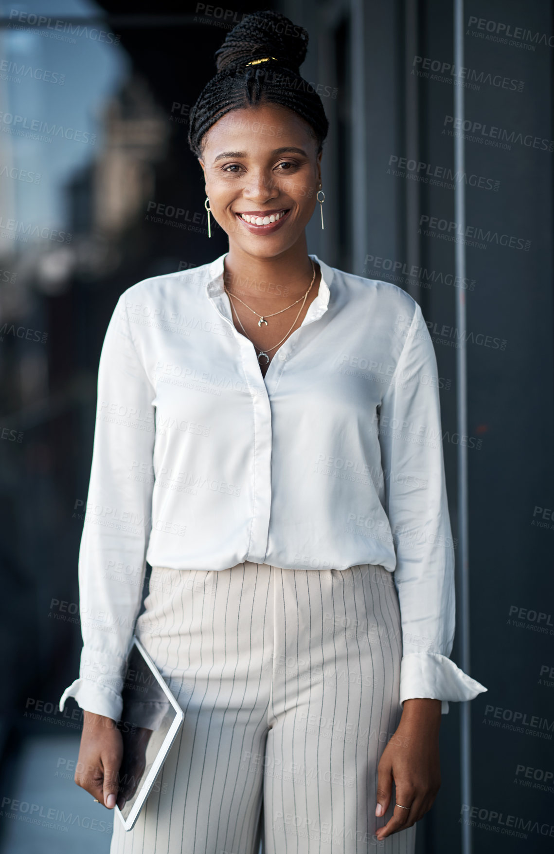 Buy stock photo Black woman, tablet and portrait in office for business research, networking and communication by email. Realtor, happy and technology in workplace for real estate, property search or investment plan