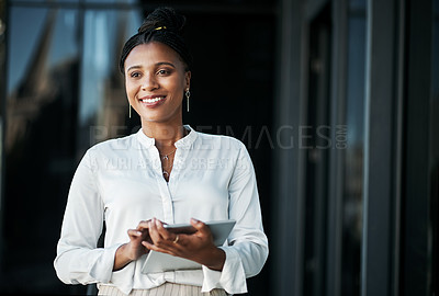 Buy stock photo Office, planning and businesswoman on balcony with tablet, research and connection for online access. Rooftop, black person or web designer with digital for app development, thinking and space