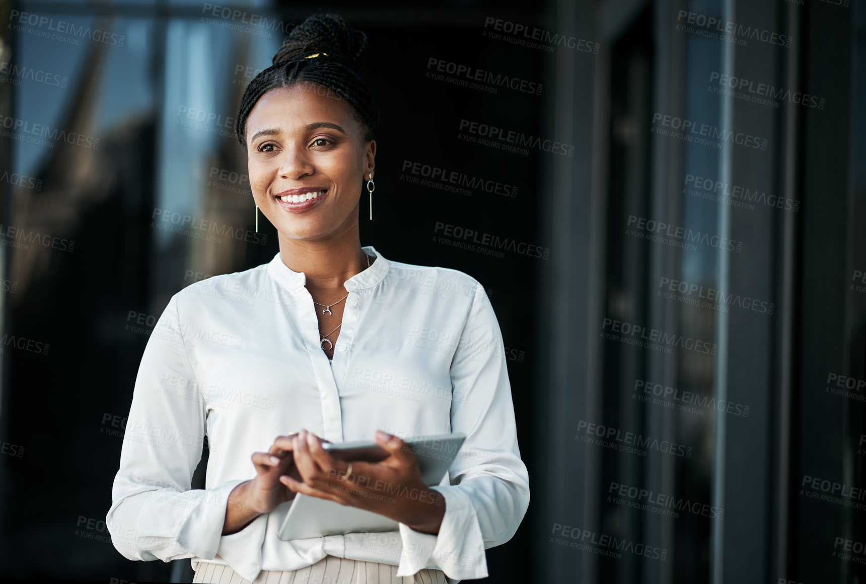 Buy stock photo Office, planning and businesswoman on balcony with tablet, research and connection for online access. Rooftop, black person or web designer with digital for app development, thinking and space