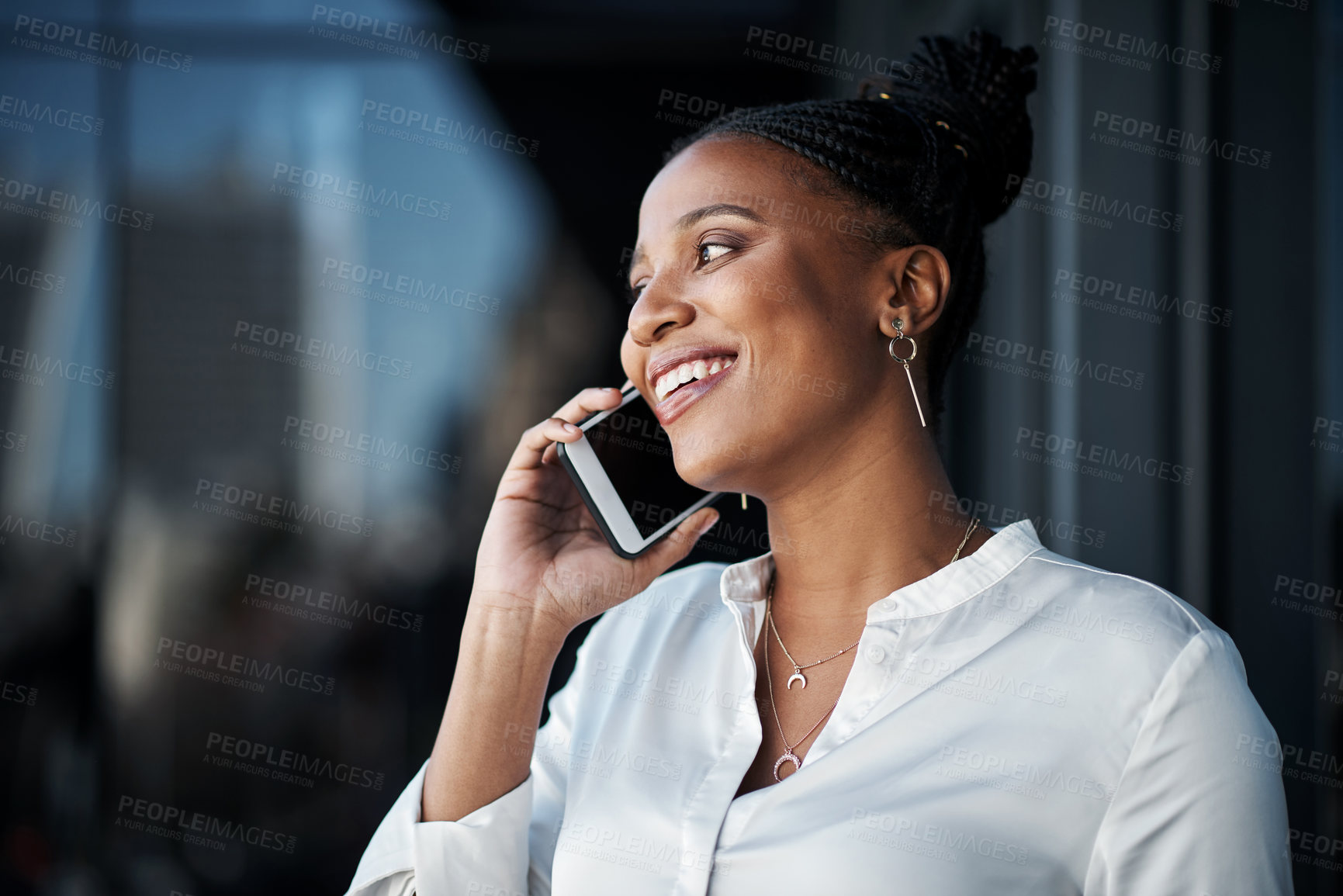 Buy stock photo Black woman, phone call and city for talking to client, business contact and negotiation on deal. Female person, speaking and communication app in town, thinking and listening to plan for agenda