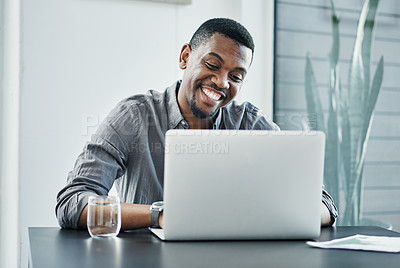 Buy stock photo Black man, laptop and happy in office for professional career, good news and business opportunity. Human resources, technology and manager with smile for recruitment, networking or talent acquisition