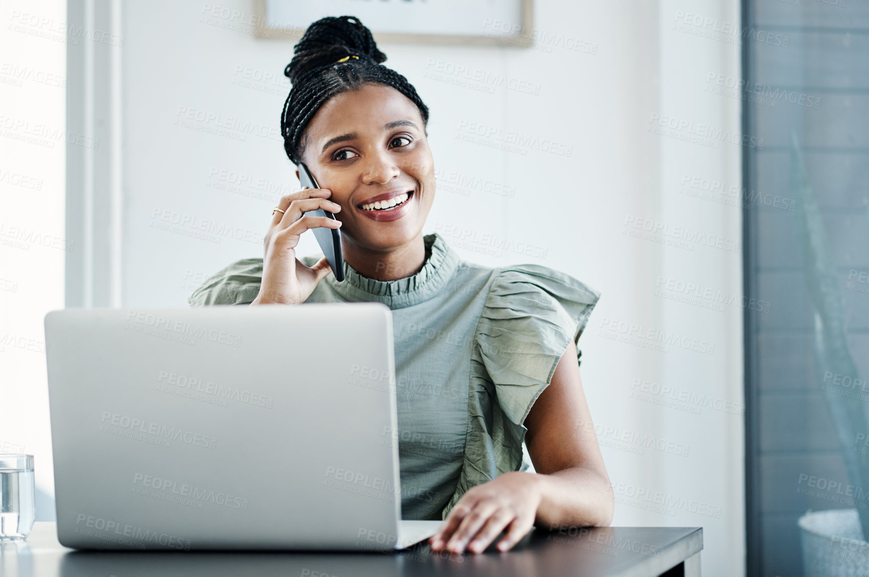 Buy stock photo Black woman, phone call and laptop for advice in office, digital notes and calendar app for schedule. Female person, talking and contact business client for negotiation on deal, online and discuss