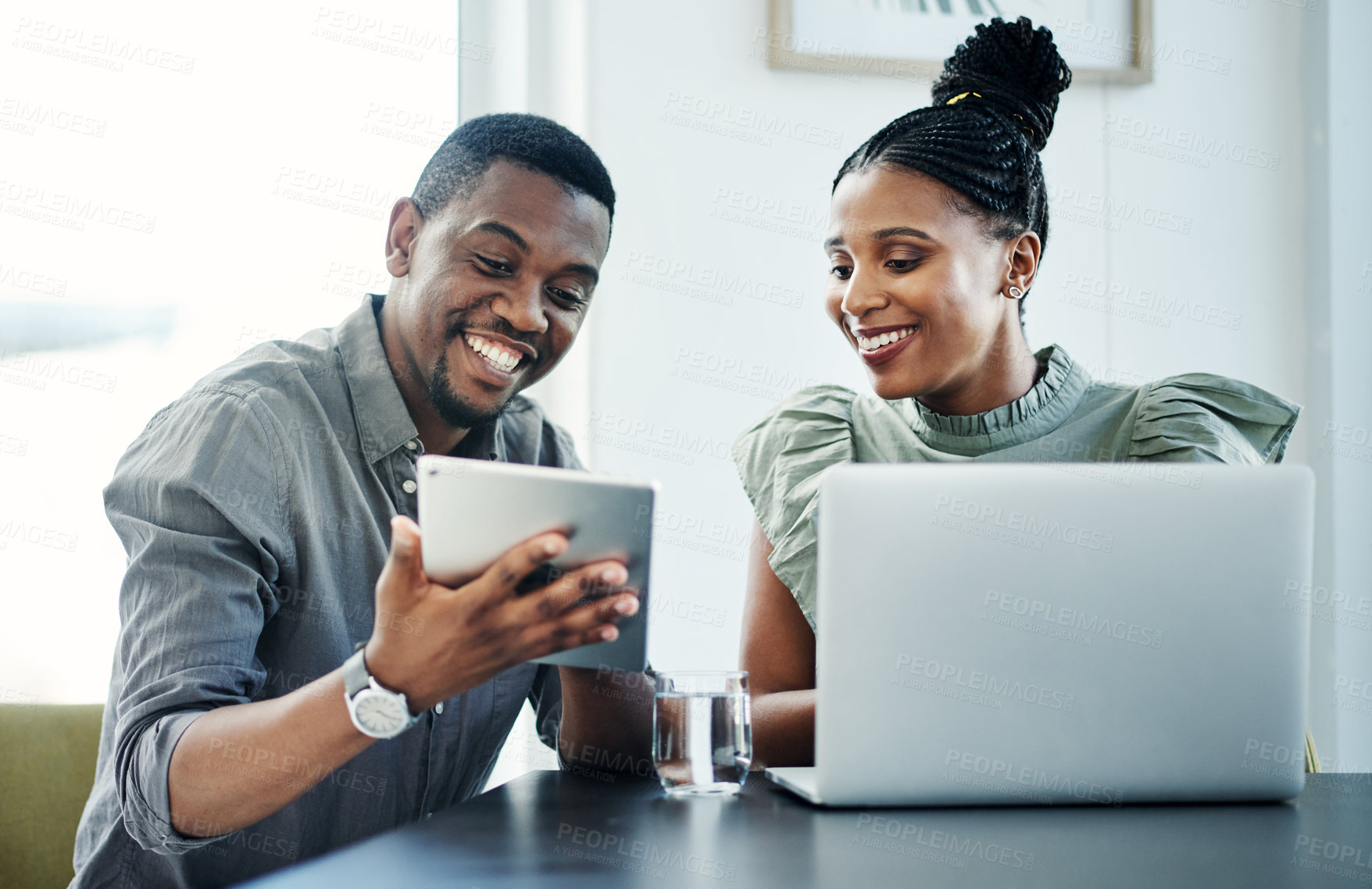 Buy stock photo Laptop, tablet and business people in office for meeting for website, research or online project. Corporate, digital tech and African man and woman on computer for teamwork, collaboration or planning