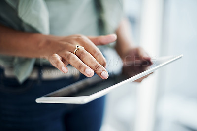 Buy stock photo Employee, hands and woman with tablet, typing and connection with social media, website information and network. Closeup, person and consultant with technology, internet and contact with digital app