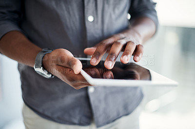 Buy stock photo Business, hands and man with tablet, typing and connection with social media, internet and network. Closeup, person and entrepreneur with tech, website information and email notification with message