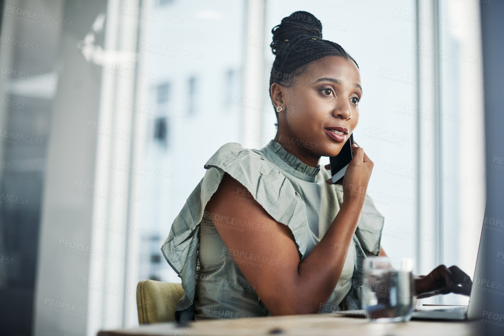 Buy stock photo Office, computer and black woman in phone call with contact, networking and confirm date for meeting. Listening, receptionist and schedule with mobile for talking, planning and business appointments