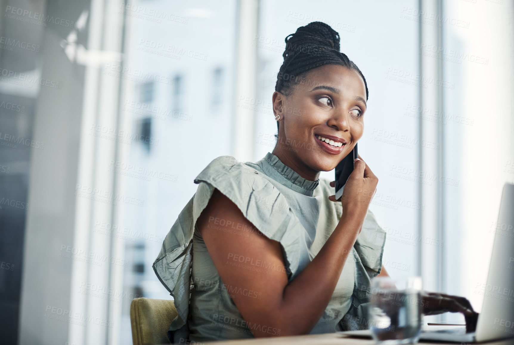 Buy stock photo Office, laptop and black woman in phone call with contact, networking and confirm date for meeting. Listening, receptionist and talking on mobile for scheduling, planning and business appointments