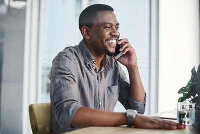 Buy stock photo Black man, phone call and home office for talking, business contact and negotiation on startup investment. Male person, discuss and entrepreneur speaking to investor, listening and plan for company