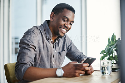 Buy stock photo Business man, phone and happy in office for professional career, good news and financial opportunity. Human resources, mobile and manager with smile for recruitment, networking and talent acquisition