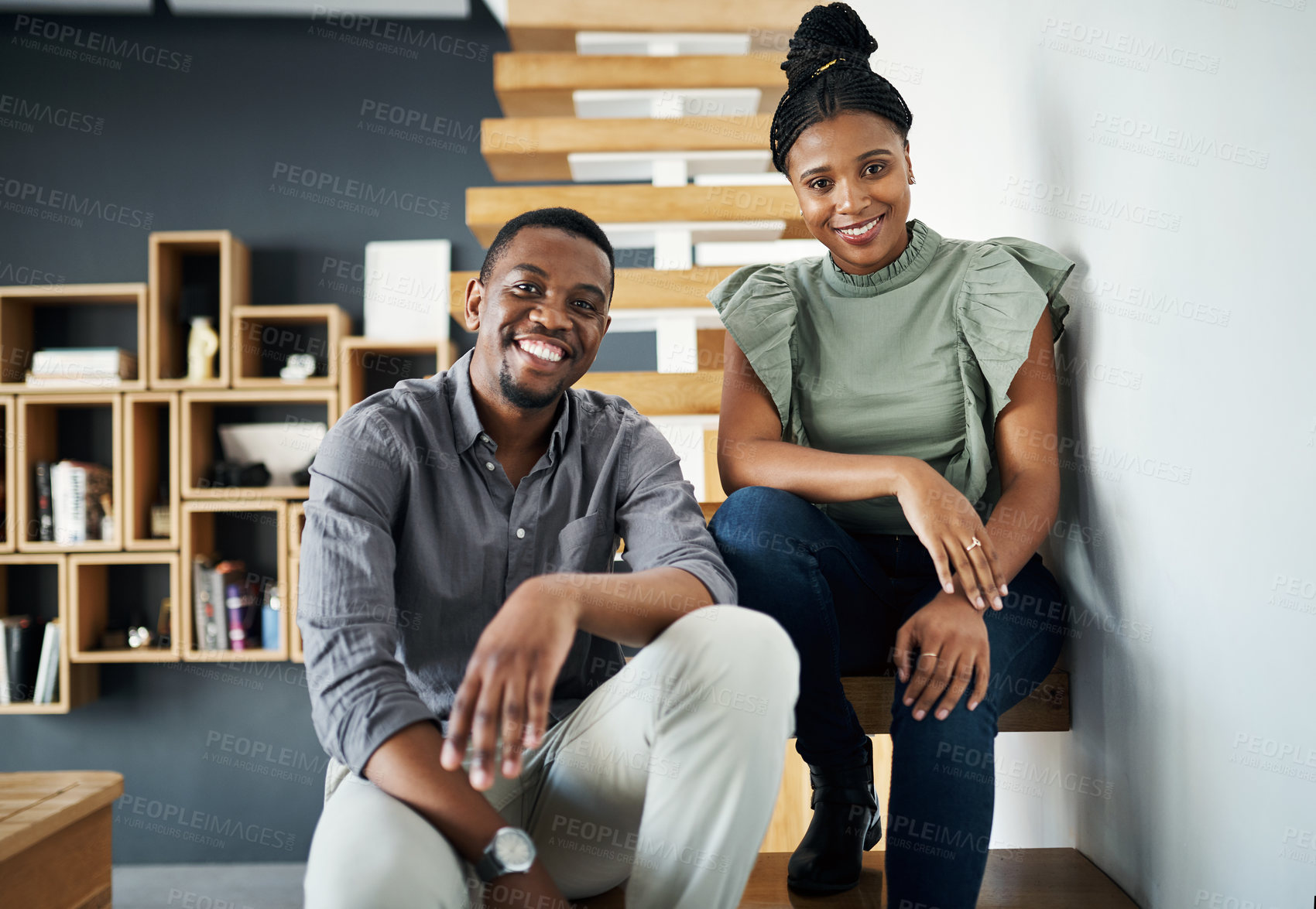 Buy stock photo Business, team and portrait of happy black people on office stairs for coworking, about us or integrity at startup. Smile, cooperation or couple of confident workers or creative writer in partnership