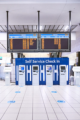 Buy stock photo Shot of a empty check-in line at the airport